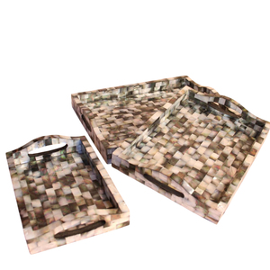 Juego de bandejas redondas de lujo con incrustaciones de nácar, bandejas nido para mesa de centro con mosaico de concha natural y asas, lo último en bandejas de servicio. - Product Image 6