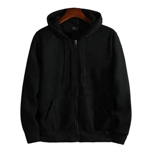 Sudadera con Capucha Negra para Hombre, Cierre de Cremallera, Corte Holgado, Color Sólido, Informal, Tejido de Algodón, Felpa Francesa, Ropa de Invierno - Product Image 1
