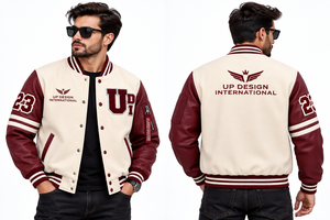 Veste universitaire personnalisée en crème avec manches en cuir bordeaux, veste bomber brodée, fabricant OEM de streetwear - Product Image 3