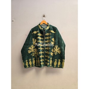 <b>Velvet</b> Mandarin Collar <b>Blazer</b> Full Sleeve Floral Embroidered Geometric Pattern Autumn Women's Coat Green Gold Design - Product Image 1