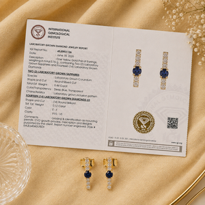 Boucles d'oreilles en or jaune massif 14 carats certifiées IGI avec diamant de laboratoire et saphir bleu royal pour femmes, fabrication de bijoux sur mesure - Product Image 6