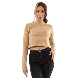 เสื้อครอปแขนยาวสีเบจสำหรับผู้หญิง ทรงเข้ารูป สีพื้น สวมใส่สบายทุกฤดูกาล - Product Image 1