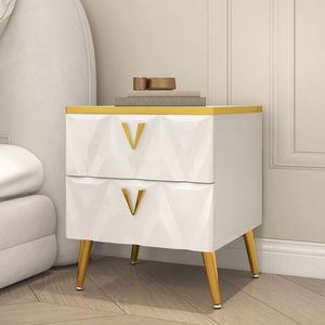 Comodino nordico bianco a 2 cassetti piccolo comodino con sfaccettature a V e mobili per camera da letto in oro - Product Image 4