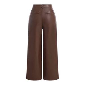 Pantalon femme taille haute en similicuir PU, coupe droite décontractée, respirant, plissé devant, braguette boutonnée, marron, grande taille - Product Image 3