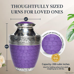 Urne funéraire en métal violet pour cendres humaines |   Urne funéraire commémorative pour adultes en argent poli gravé de motifs floraux |   AMBLE DECOR 220 Cubic - Product Image 4