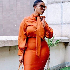Blusa de satén naranja para mujer con cuello de lazo y mangas abullonadas, elegante top de oficina, color sólido, para primavera/verano, estilo africano. - Product Image 6