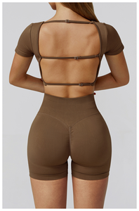 Women Seamless Yoga Top Short Sleeve Slim Fit <b>Open</b> Back Cut-Out Running Gym & Outdoor Activewear - Product Image 6
