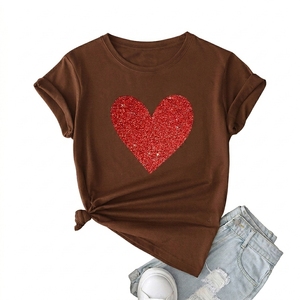 Eco-Friendly Women 100% Cotton Soft O Neck Loose Fit Oversize t Shirt Custom Logo Casual Style-<b>Red</b> <b>Glitter</b> Heart Graphic T-Shirt - Product Image 6