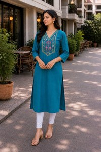Women Ethanic Blue Embroidered Cotton Kurta Ankle Length Traditional Casual Wear India Pakistan Style Regular Fit <b>Kurtis</b> - Product Image 4