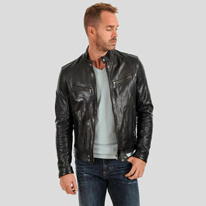 Blouson de motard personnalisé pour homme en cuir véritable noir, coupe ajustée, col à boutons-pression, en peau de mouton souple, veste de mode pour moto - Product Image 1