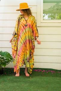 Women's Plus Size Maxi Cover Dress Tie-Dye <b>Kaftan</b> Swimwear <b>Summer</b> Beach Boho Abaya Slit Design V-neck Tassel Viscose Natural - Product Image 5