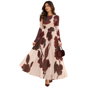 Robe longue élégante à imprimé floral pour femme, manches longues, coupe trapèze ample, taille empire, collection Printemps/Été, vente en gros - Product Image 1