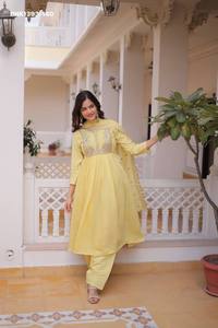 High Quality Mal Chanderi with <b>Beads</b> Embroidered Round-Flared Readymade Kurti-Pant Dupatta Collection Supplier from India - Product Image 4