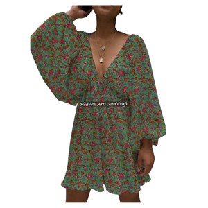 Nuevo Vestido de Verano 2026 para Mujer, Estampado, Colorido, Mini, Cuello en V Profundo, Estilo Linterna, Delgado, Sexy, Casual, para Vacaciones en la Playa, Tejido Ecológico y Natural - Product Image 4