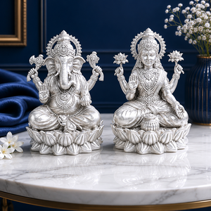 Jaipur Metals 999 Silver Plated Laxmi Ganesh Idol 100% Brass 8.5x7x6cm 151g 2pcs Modern Design Home Decor & Puja Wedding Diwali - Product Image 1