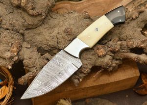 Cuchillo Skinner de Acero de Damasco Hecho a Mano, Grado Industrial, Afilado, con Punta Caída, Bolster de Acero Inoxidable y Mango de Hueso Color Camel, para Uso Exterior y EDC - Product Image 6