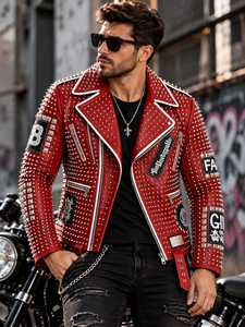 Blouson de motard en cuir premium rouge clouté pour homme – Blouson de moto punk avec passepoil blanc et clous argentés, style affirmé - Product Image 1