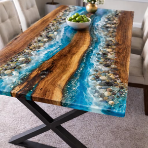 Table de salle à manger de luxe en résine époxy à bord naturel, écologique, style rivière Diwali, style océan bleu, mobilier de bureau et de conférence - Product Image 1