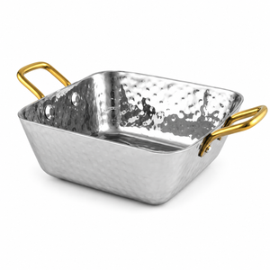 Bol de service carré en acier inoxydable, bols martelés avec poignée, plat en métal poli pour la cuisine et la salle à manger - Product Image 1