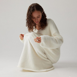 Women <b>White</b> Wool Tracksuit Set Full Sleeve Crew Neck Minimalist Winter Wear Solid Color Long <b>Skirt</b> Seamless Fit - Product Image 4