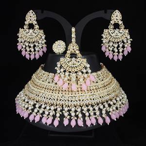 Traditional <b>Indian</b> Gold Plated Zircon Bridal Jewelry <b>Set</b> with Choker Necklace Earrings Maang Tikka & Ring for Weddings Parties - Product Image 3