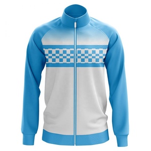 Veste longue unisexe bleue et blanche à blocs de couleur, col montant, fermeture éclair, style sportif, en polaire tricotée, écologique, pour l'hiver - Product Image 1