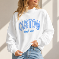 Kadın Beyaz Büyük Beden Bisiklet Yaka Sweatshirt Özel Harf Baskılı Mavi Gingham Desenli %100 Pamuk Sonbaharlık