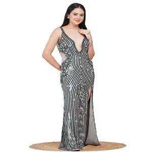 Luxury Sequins Long Evening Gown Sexy Deep V-Neck High Slit Maxi <b>Dress</b> Elegant Sleeveless Backless Net Fabric Prom Party <b>Dress</b> - Product Image 3