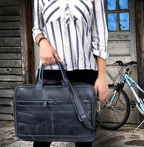 Elegante Funda para Portátil de Cuero Genuino Vintage, Cierre Magnético, Antirrobo, Impermeable, Diseño de Mensajero Azul Suave para Oficina - Product Image 6