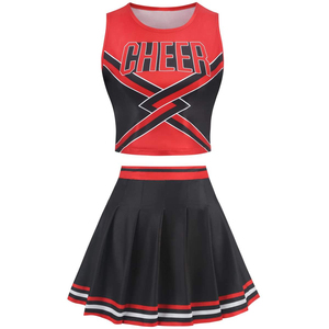 Ensemble d'uniformes de cheerleading rouge et noir avec impression par sublimation, haut, jupe, pompons et nœud, kit pour femmes adultes - Product Image 3