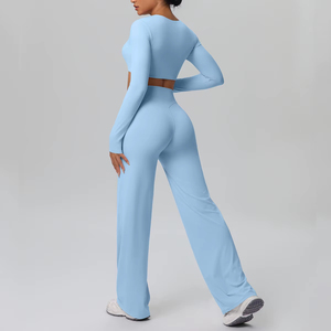 Conjunto de Yoga de 2 Piezas para Mujer, Color Azul Claro, Top Corto sin Mangas, Pantalones Largos de Cintura Media, Sin Costuras, de Spandex y Poliéster, a Cuadros, de Secado Rápido - Product Image 5