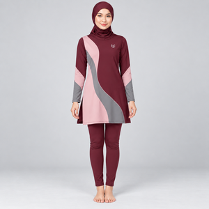 Conjunto Burkini Modesto de 3 Piezas, de Alta Demanda, con Cobertura Completa, Top Corto de Cuello Alto y Cintura Alta, con Logotipo Frontal, Efecto Lavado - Product Image 1