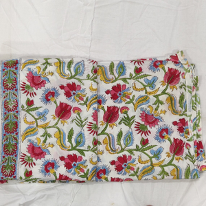 Tela de Algodón Estampada a Mano con Motivos Florales en Azul Índigo y Dorado Azafrán por Metro para Costura, Manualidades y Decoración del Hogar - Product Image 3