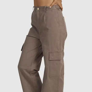 Pantalones Cargo de Cintura Alta para Mujer, Color Gris Sólido, Lona, Casuales, Largos, con Bolsillos, Corte Holgado, Estilo Primavera - Product Image 3