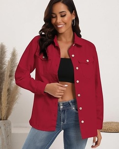 Chemise boutonnée en coton rouge pour femmes, manches trois quarts, couleur unie, col rabattu, coupe régulière, hauts de loisirs toutes saisons - Product Image 4
