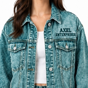 Veste en jean délavé bleu clair pour femme AXEL ENTERPRISES, boutonnée sur le devant, col rabattu de qualité supérieure, manches longues, respirante, personnalisable - Product Image 3