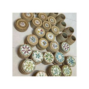 Sous-verres en rotin de style luxueux, faits à la main, durables, décoratifs, avec mosaïque de nacre et coquillages, diamètre 500 mm, en promotion - Product Image 1