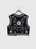Gilet en coton brodé floral sans manches style Prairie Chic fait main pour femme, haut de printemps grande taille col en V