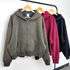 Heavyweight Custom Oversized <b>Zip</b> <b>up</b> Fleece Blank Streetwear Acid Wash Pullover Distressed Boxy <b>Cropped</b> Fit <b>Hoodies</b> for Men - Product Image 3
