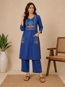 Women Cotton Embroidered Kurti Set <b>Indian</b> Pakistani Style Long <b>Top</b> and Culottes Casual Wear for All Seasons Summer Fit - Product Image 4