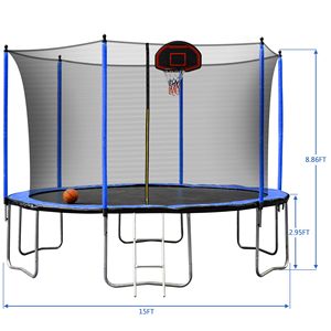 15FT Blue <b>Trampoline</b> with Basketball Hoop Inflator and Ladder Inner Safety <b>Enclosure</b> - Product Image 4