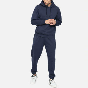 Ensemble de survêtement bleu marine à capuche pour homme, manches longues, couleur unie, décontracté, pour l'automne, avec poches latérales, coupe classique, 100% coton - Product Image 3