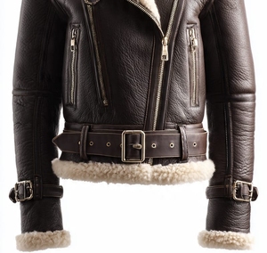 Blouson en cuir pour homme avec col en fausse fourrure et fermeture éclair - Product Image 2
