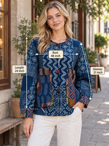 Indigo Patchwork Cotton <b>Shirt</b>, Handmade Boho Cotton Top - Product Image 5