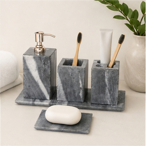 Handcrafted Luxury Natural Grey Marble Bathroom Accessory Set Soap Dispenser <b>Toothbrush</b> <b>Holder</b> Tumbler Soap Dish For Hotel - Product Image 6