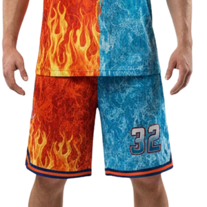 Custom Mens Orange Blue Basketball Uniform Set V Neck Sleeveless Jersey Shorts <b>Fire</b> Ice Print Team Number Wholesale Teamwear Kit - Product Image 5