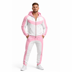 Ensemble de survêtement unisexe rose et blanc – Veste à capuche zippée avec pantalon de jogging, tenue de sport décontractée coupe ajustée pour la gym et le fitness - Product Image 3