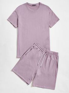 Men's Solid Blue Cotton T-Shirt and Bermuda Shorts <b>Set</b> Casual Drawstring Waist Two Piece Outfit - Product Image 3