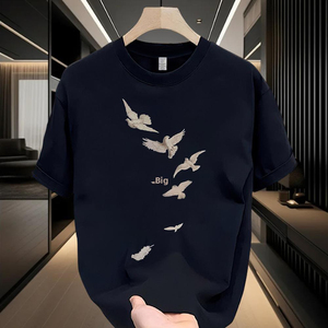 <b>Men's</b> Navy Bird Print T Shirt Short Sleeve Cotton Crew Neck Casual Loose Fit Streetwear Tee - Product Image 1