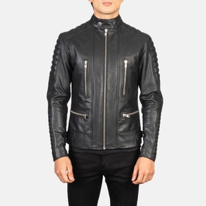 Chaqueta de cuero genuino para hombre, estilo motociclista, color negro, corte ajustado, cuello alto, cierre de cremallera, longitud regular, disponible para la venta, servicio OEM. - Product Image 2